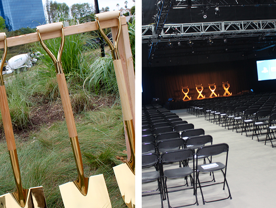 Gold shovels await a breaking-ground ceremony.