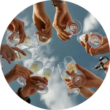 Guests hold up wine glasses to make a toast.
